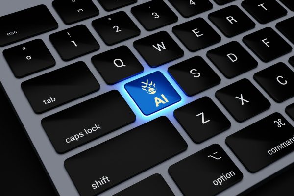 a computer keyboard with a blue light on it